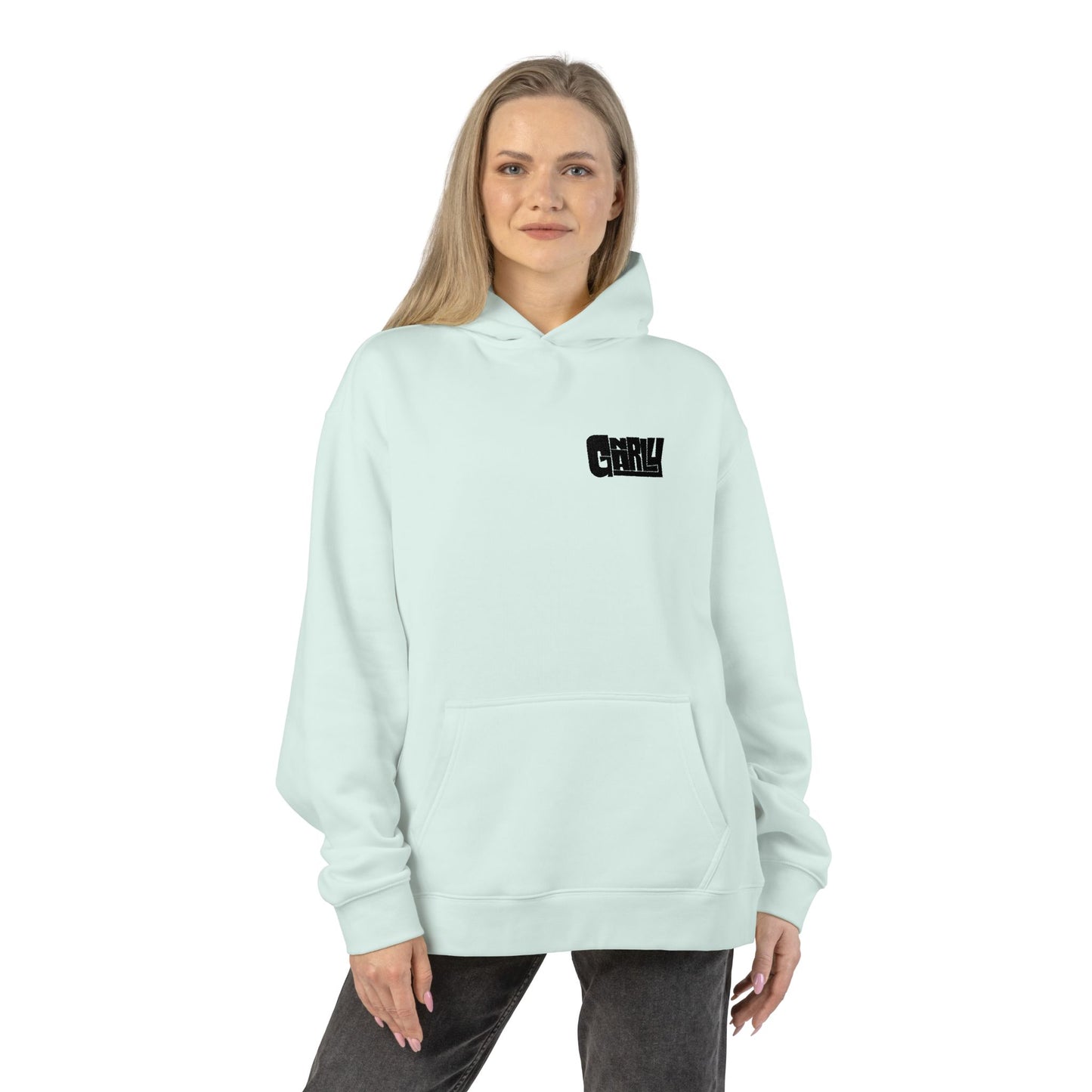 Relaxed Hoodie — Minimalist White Pullover with Small 'GNARLY' Chest Logo