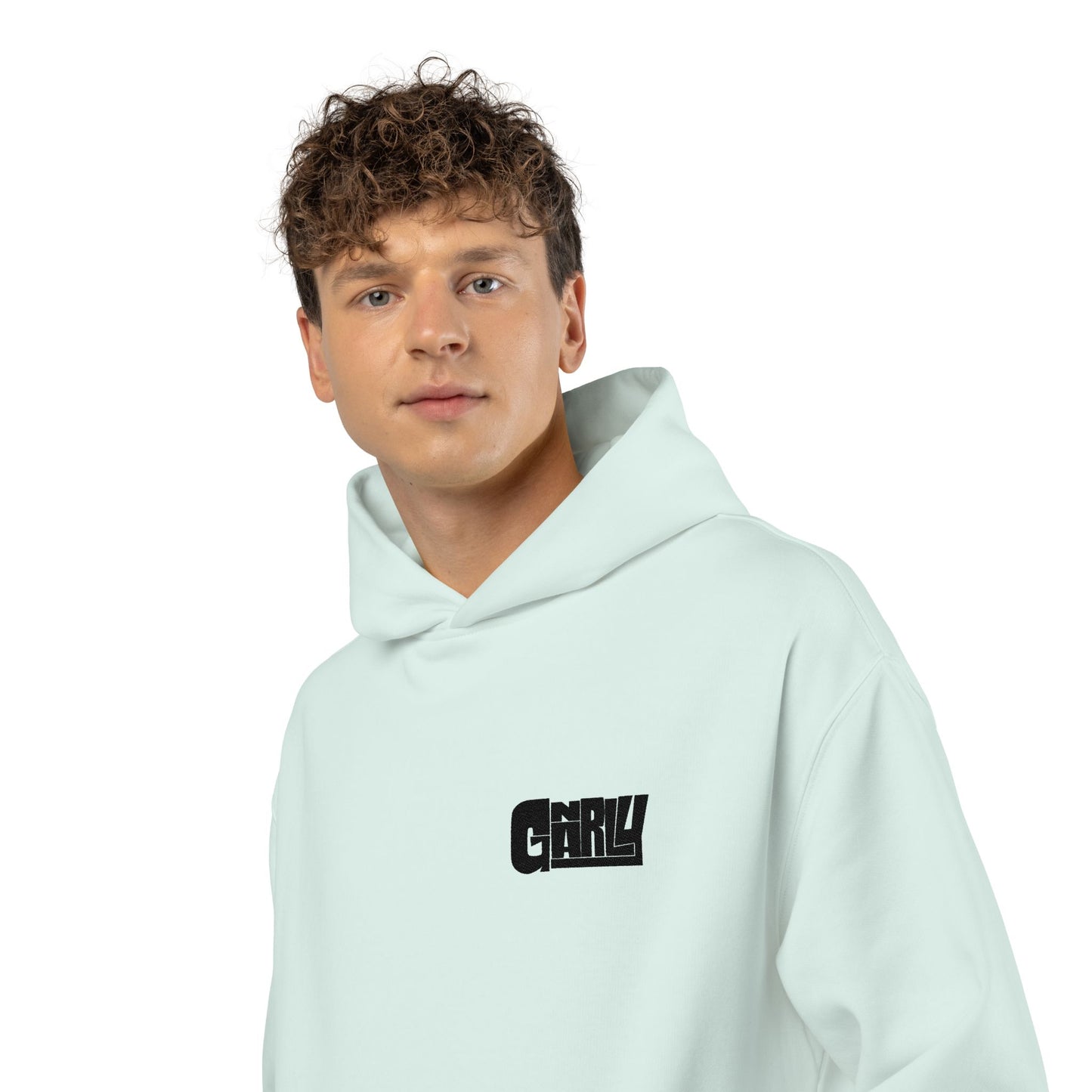 Relaxed Hoodie — Minimalist White Pullover with Small 'GNARLY' Chest Logo