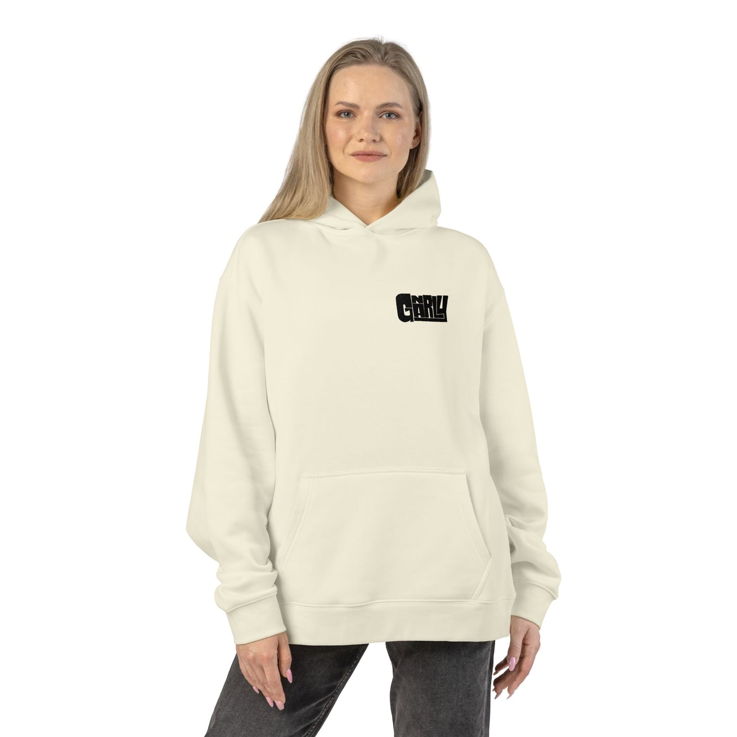 Relaxed Hoodie — Minimalist White Pullover with Small 'GNARLY' Chest Logo