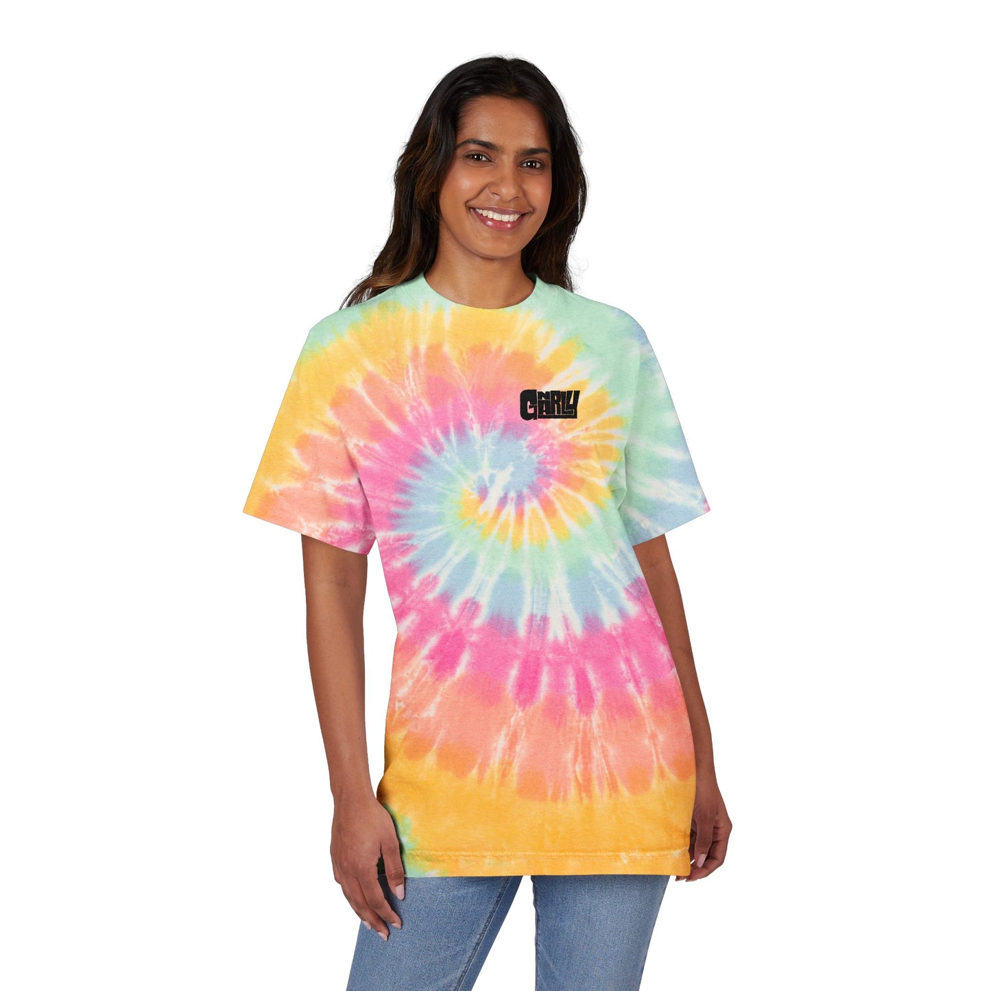 Gnarly Tie-Dye Spiral Embroidered Tee — Pastel Rainbow Oversized T-Shirt