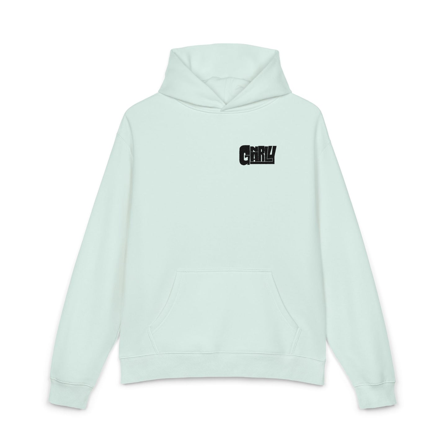 Relaxed Hoodie — Minimalist White Pullover with Small 'GNARLY' Chest Logo