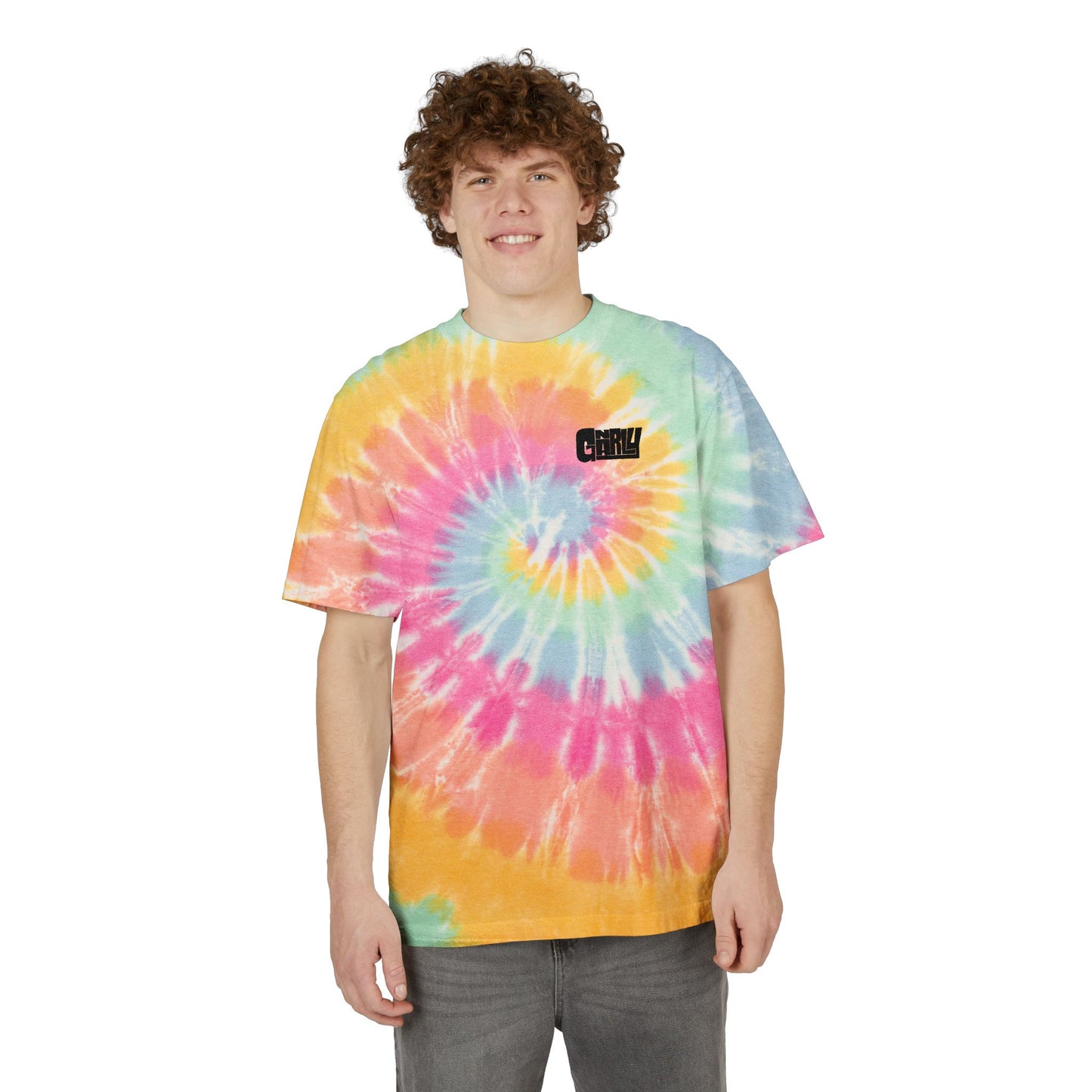 Gnarly Tie-Dye Spiral Embroidered Tee — Pastel Rainbow Oversized T-Shirt