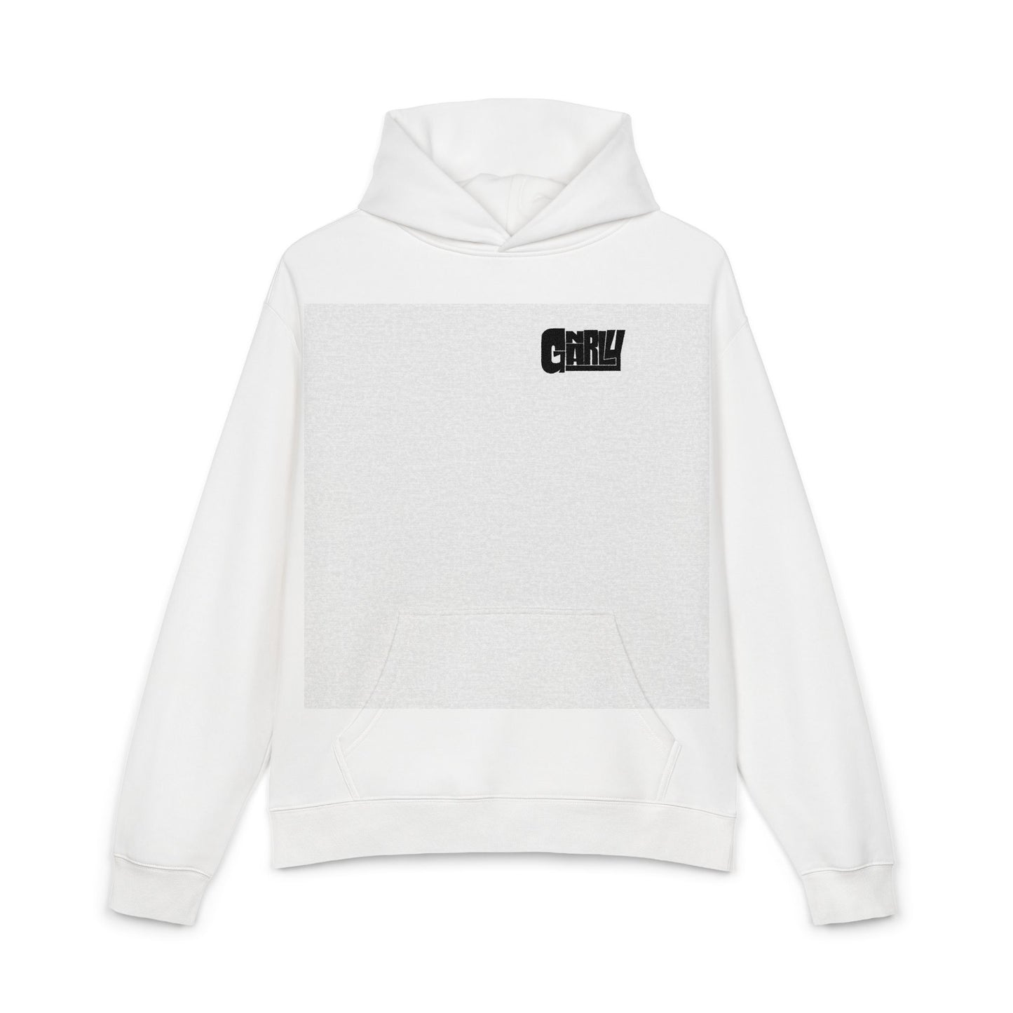 Relaxed Hoodie — Minimalist White Pullover with Small 'GNARLY' Chest Logo