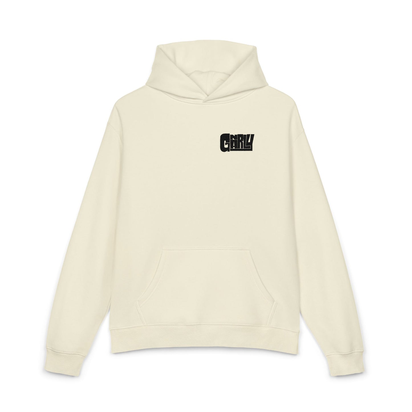 Relaxed Hoodie — Minimalist White Pullover with Small 'GNARLY' Chest Logo