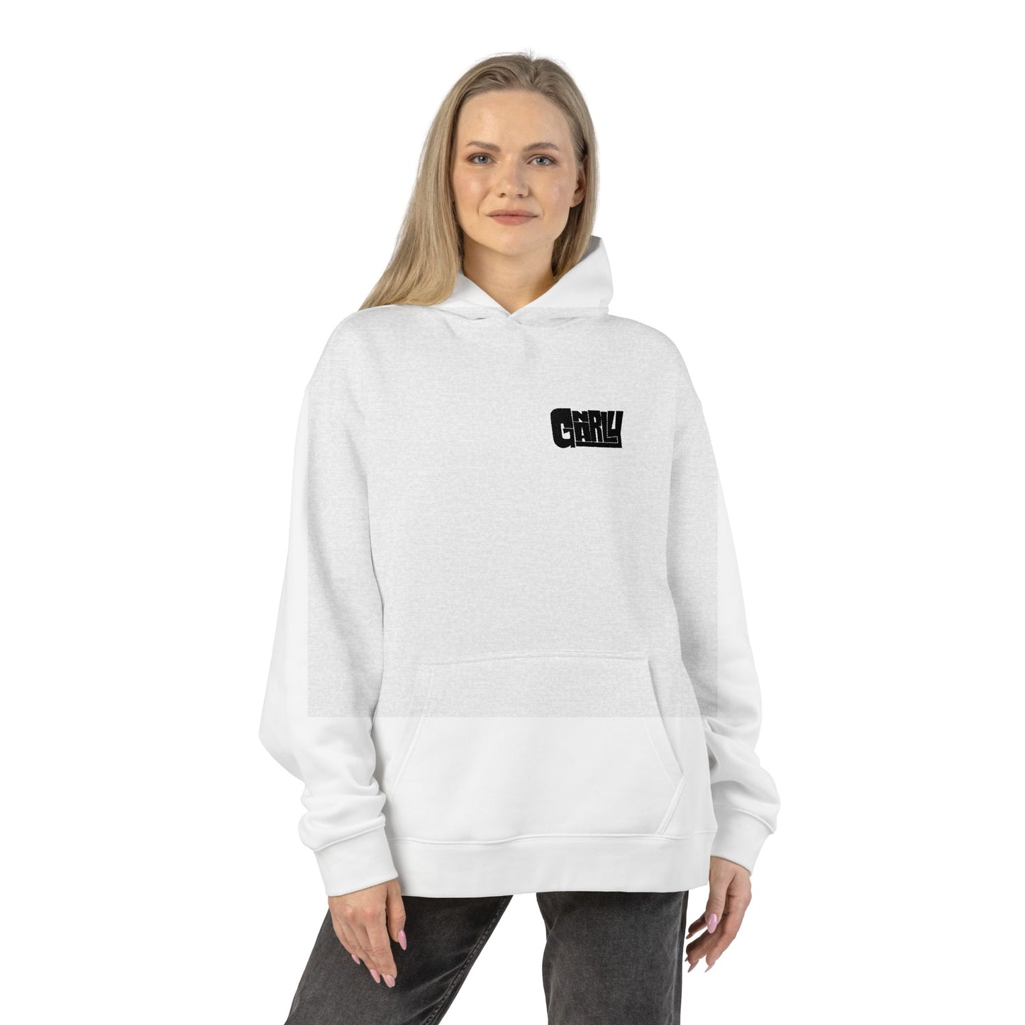 Relaxed Hoodie — Minimalist White Pullover with Small 'GNARLY' Chest Logo