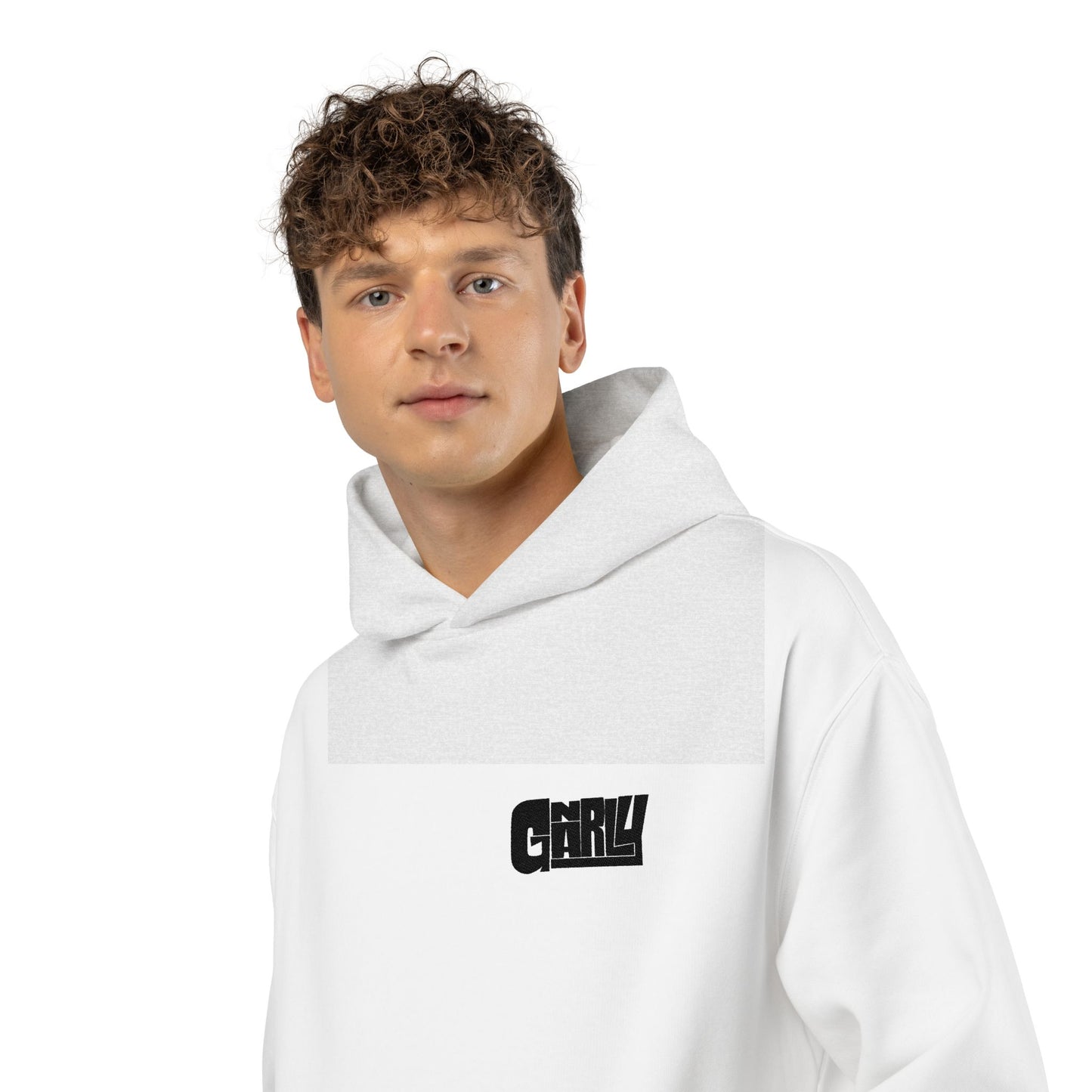 Relaxed Hoodie — Minimalist White Pullover with Small 'GNARLY' Chest Logo