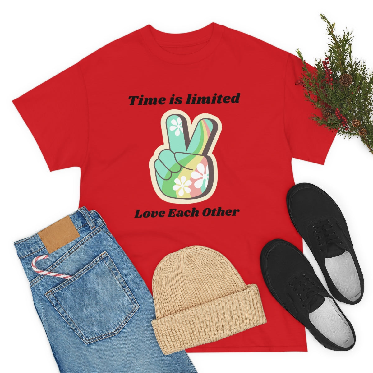 Time is Limited Love Each Other Peace Sign Unisex Heavy Cotton Tee