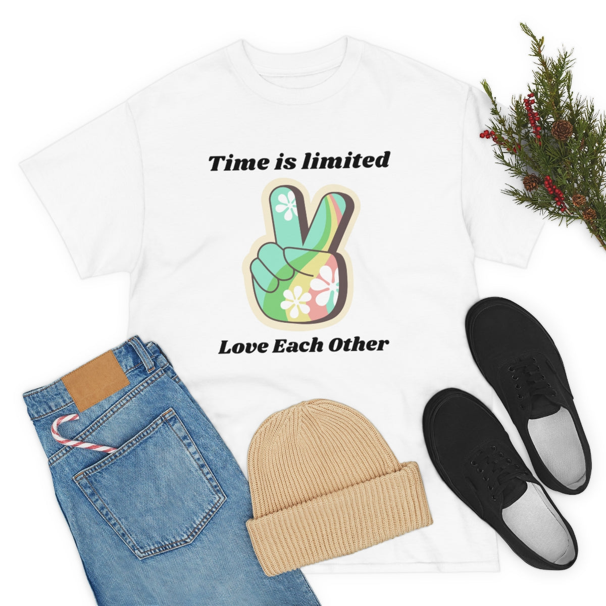 Time is Limited Love Each Other Peace Sign Unisex Heavy Cotton Tee