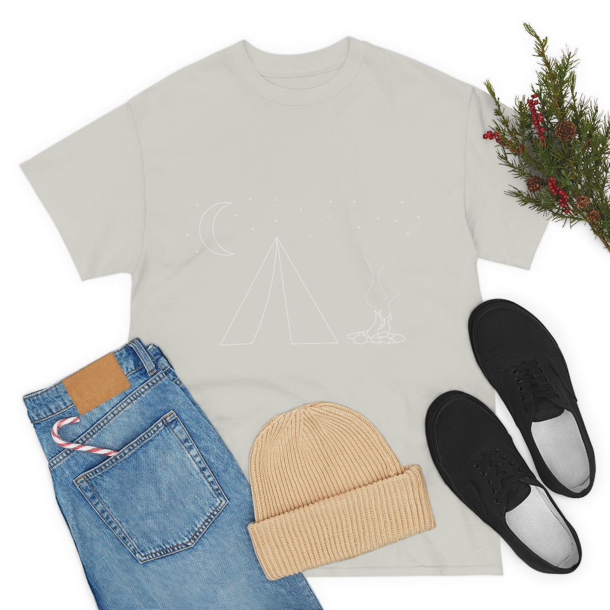 Simple Camping Outline Unisex Heavy Cotton Tee