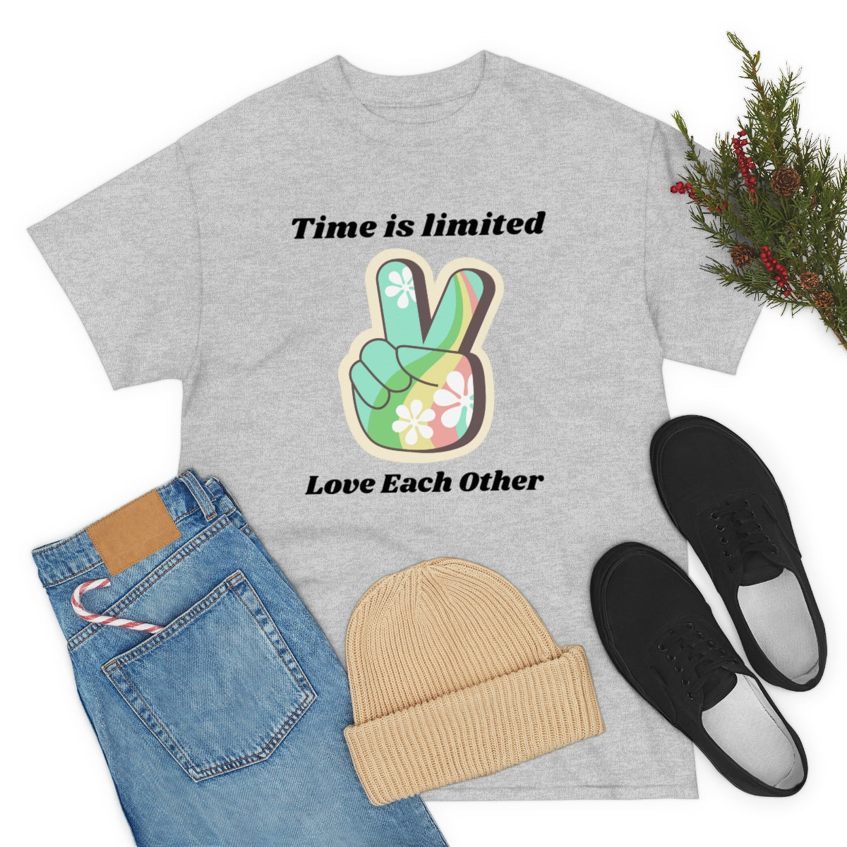 Time is Limited Love Each Other Peace Sign Unisex Heavy Cotton Tee