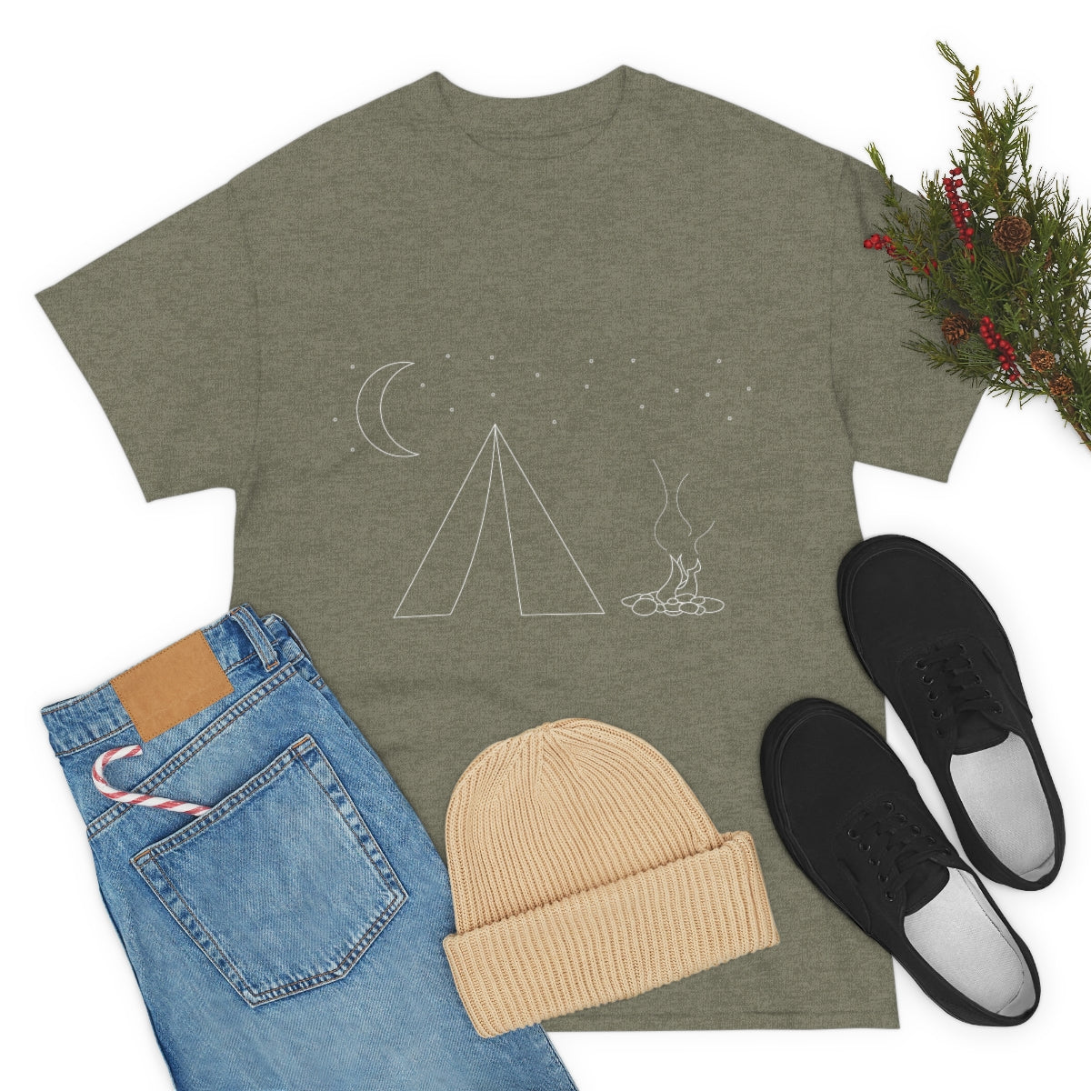 Simple Camping Outline Unisex Heavy Cotton Tee
